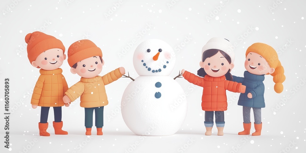 Children joyfully build a snowman together in a snowy winter landscape.