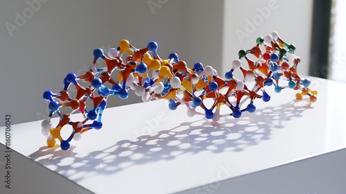 DNA double helix model with colorful base pairs, displayed on a white surface