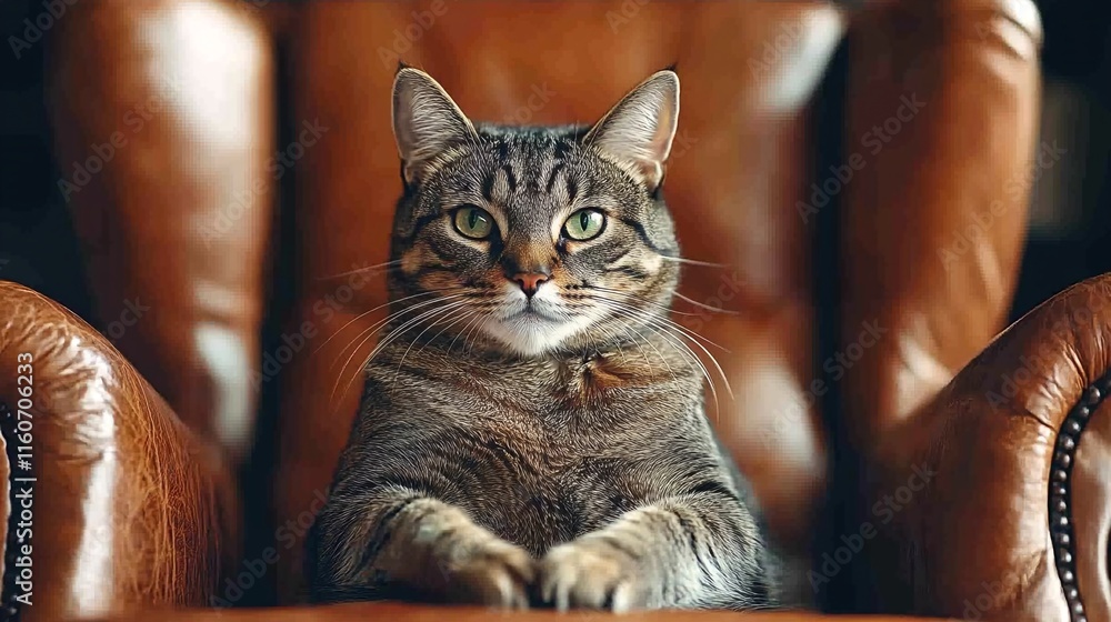 A cat sitting on a brown leather armchair. A cat sitting on a brown leather armchair.
