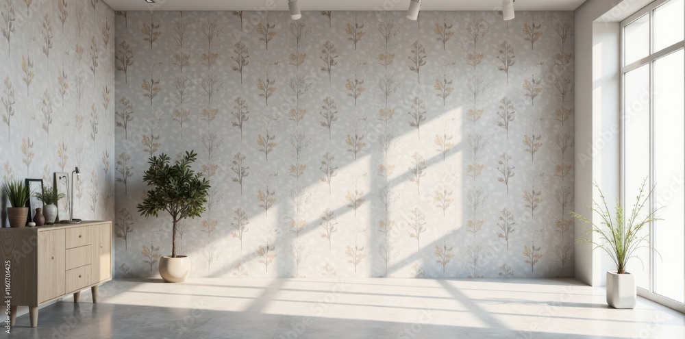 Sunlight streams through a window illuminating a room with a subtle botanical wallpaper design, featuring a light wood dresser and potted plants, creating a serene and minimalist atmosphere. Sunlight streams through a window illuminating a room with a subtle botanical wallpaper design, featuring a light wood dresser and potted plants, creating a serene and minimalist atmosphere.