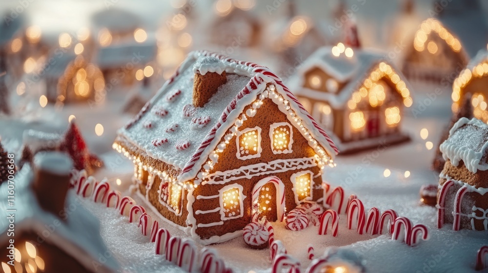 Illuminated Gingerbread House In Winter Village Setting Illuminated Gingerbread House In Winter Village Setting