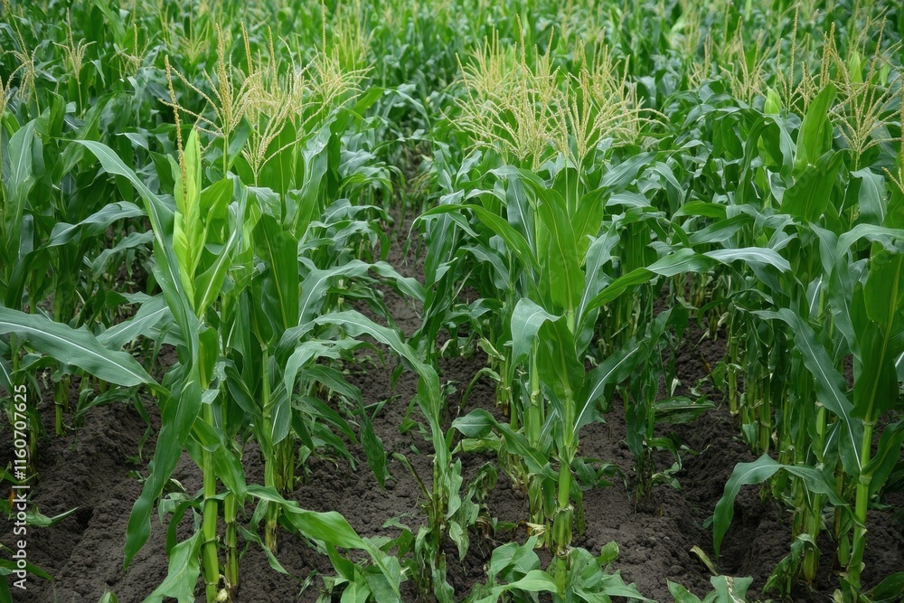 Tall corn plants growing in a lush green field under a clear sky during the summer season Tall corn plants growing in a lush green field under a clear sky during the summer season