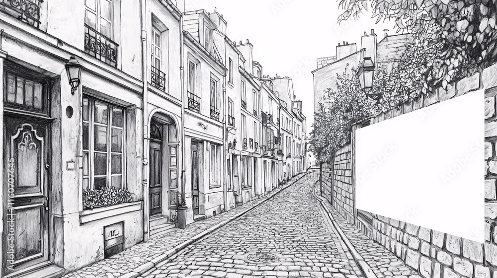 Obraz premium pencil sketch of an old city street lined with vintage buildings, capturing intricate details of windows, doors, and cobblestone pathways. Blank space on the right for text. [Background]:[Pencil 