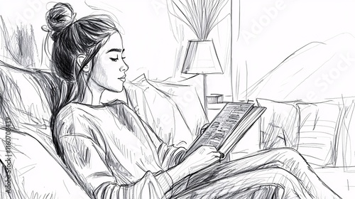 pencil drawing of a young woman reading a book in a cozy room, with detailed shading of the furniture and warm, inviting atmosphere. Room for text on the right. [Background]:[Pencil drawing] 