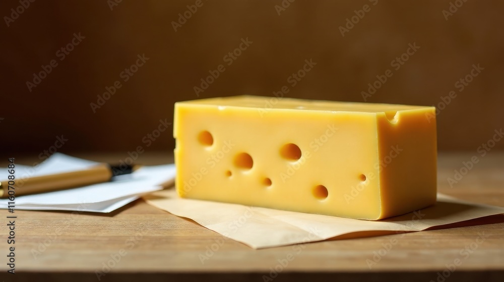A block of Swiss cheese rests on parchment paper, next to writing implements on a wooden surface A block of Swiss cheese rests on parchment paper, next to writing implements on a wooden surface