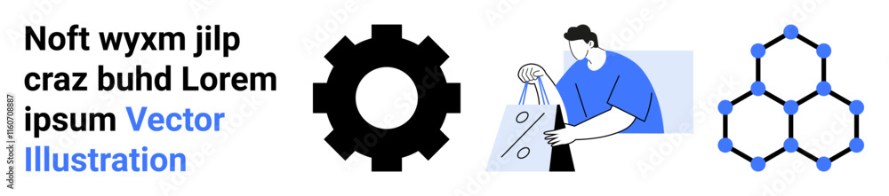 Text with highlighted words, gear symbol representing settings, person shopping online, abstract network hexagon. Ideal for marketing, digital content, e-commerce, technology, networking online Text with highlighted words, gear symbol representing settings, person shopping online, abstract network hexagon. Ideal for marketing, digital content, e-commerce, technology, networking online