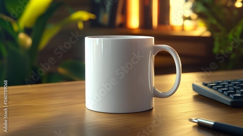 White mug on a desk with plants and office tools. Generative AI photo