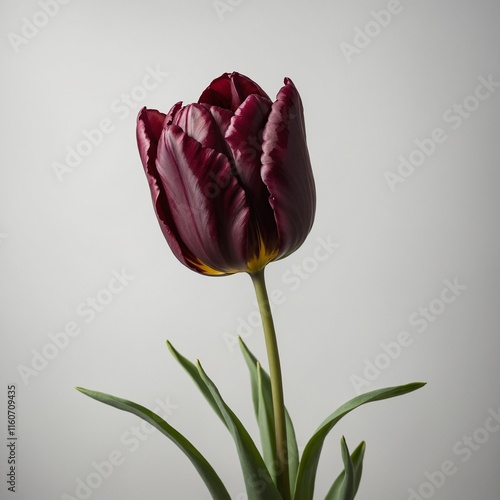 A deep burgundy tulip with rich color and smooth petals, set against a white background.
