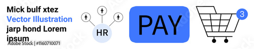 HR network diagram with connections, blue PAY button, shopping cart with three items. Ideal for e-commerce, online shopping, HR systems, payment gateways, digital transactions, retail platforms