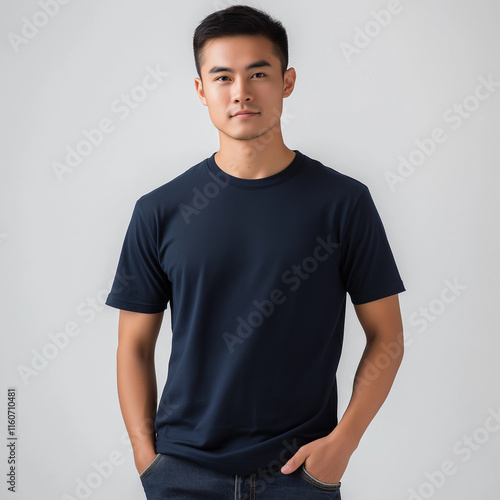 Young Man Navy Blue TShirt Casual Studio Portrait