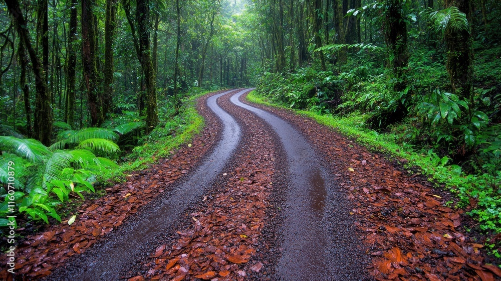 Fototapeta premium Winding road through lush rainforest, wet leaves on the ground.