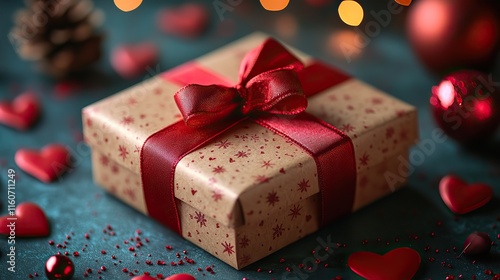 a beautifully wrapped gift box adorned with a red ribbon and surrounded by heart decorations symbolizing love and romance perfect for valentine s day celebrations and special expressions of affection photo