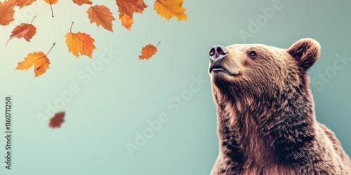 A Majestic Bear Gazes Upward Amidst Floating Autumn Leaves in a Serene Natural Setting, Capturing the Essence of Wildlife and Seasonal Changes