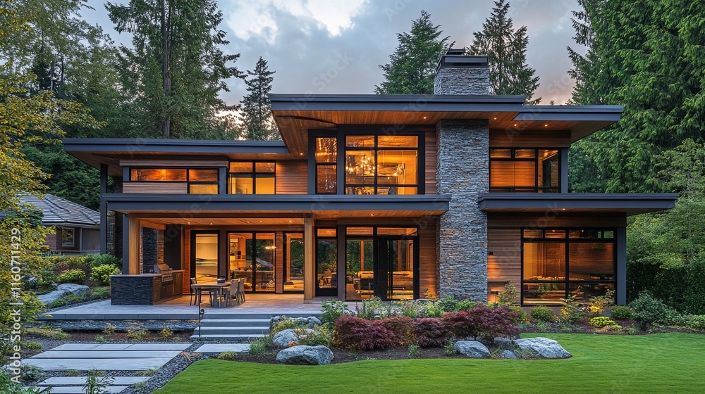 modern home with large windows and stone chimney in wooded area. modern home with large windows and stone chimney in wooded area.