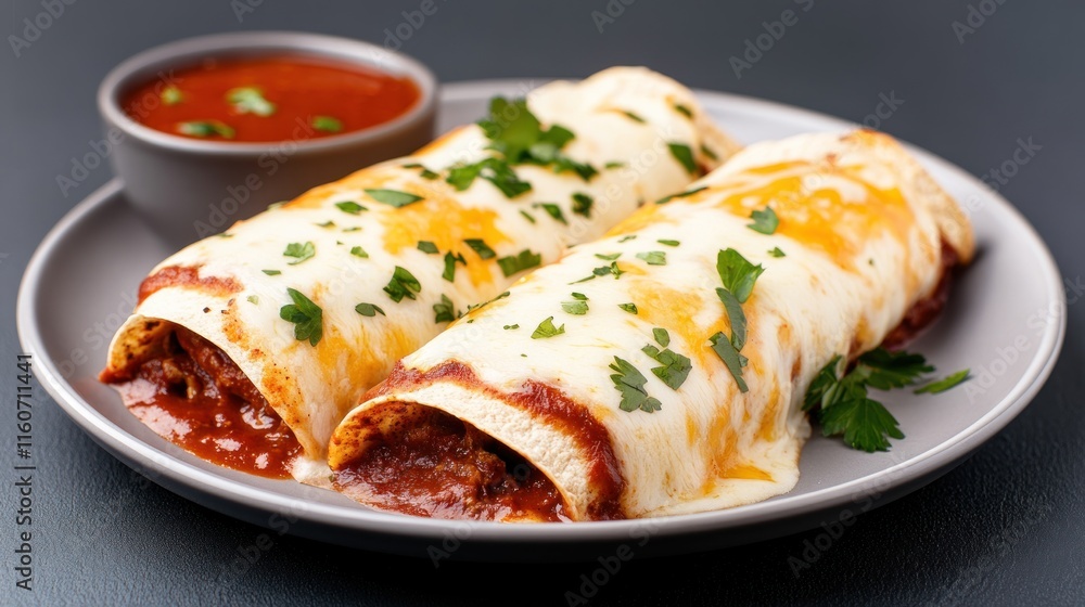Two enchiladas topped with cheese and cilantro, served with sauce. Two enchiladas topped with cheese and cilantro, served with sauce.