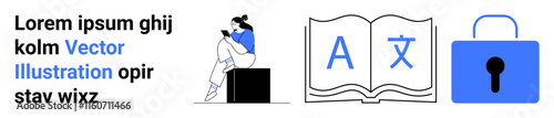 Student reading a book while sitting on a box, open book displaying A and language symbol, blue padlock icon representing security and privacy. Ideal for education, language learning, translation