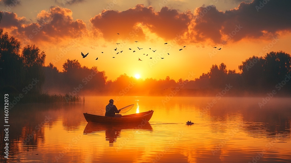 A man is fishing from a boat on a lake during sunrise or sunset. A man is fishing from a boat on a lake during sunrise or sunset.