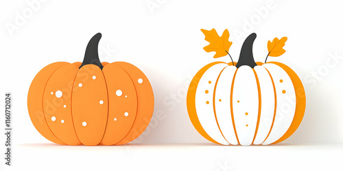 Autumn Harvest, Two Pumpkins Decorated with Spots and Leaves