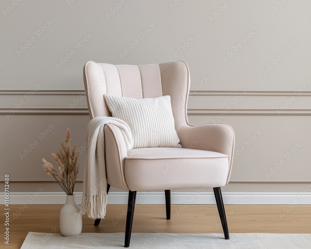 Elegant Armchair Adorned with a Soft Throw Pillow Against a Neutral Wall, Perfect for Home Decor and Interior Design Inspiration Elegant Armchair Adorned with a Soft Throw Pillow Against a Neutral Wall, Perfect for Home Decor and Interior Design Inspiration