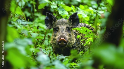 Wild boar piglet peeking through lush forest foliage.