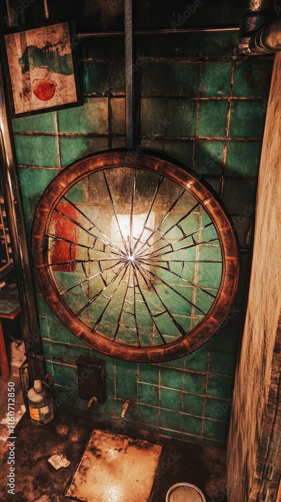 Obraz premium A large, cracked mirror with a circular frame hangs on a green tiled wall.