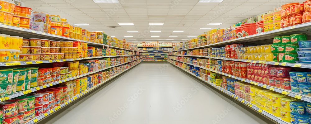 Supermarket Aisles Filled with Canned Goods, Snacks, and Food Products, A Colorful Display of Grocery Items Supermarket Aisles Filled with Canned Goods, Snacks, and Food Products, A Colorful Display of Grocery Items