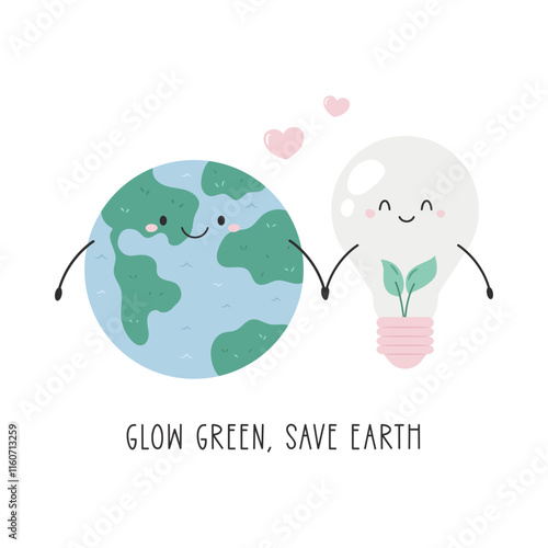 Vector illustration of Earth character with lightbulb character promoting green energy. Cute design design for promotion of renewable and green energy