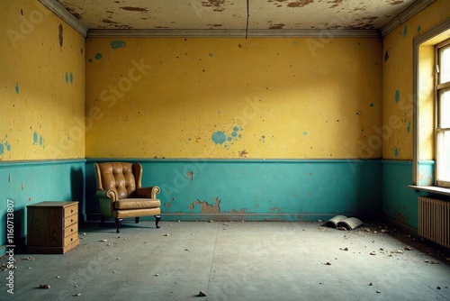 A solitary leather armchair sits in a room with aged, distressed walls, a single wooden chest beside it, and an open book lying on the floor, hinting at forgotten stories and the passage of time. photo