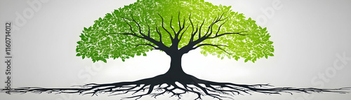Majestic Tree with Lush Green Canopy and Extensive Roots, Nature's Resilience and Growth, Symbolic of Life's Journey.