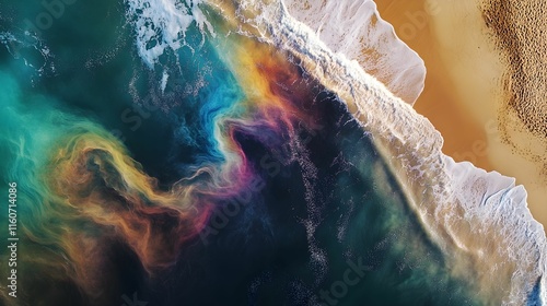 Colorful ocean waves meet sandy beach during sunrise in a tranquil setting