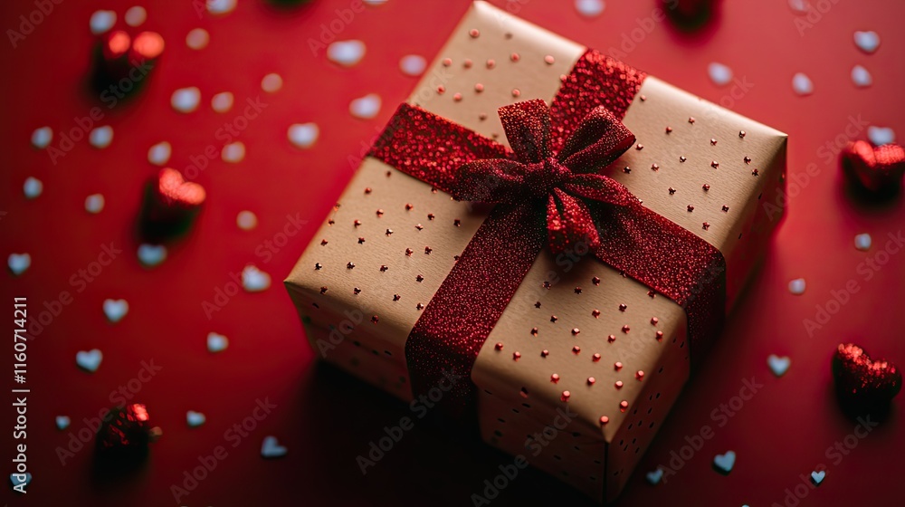 A beautifully wrapped gift box with a red ribbon sits on a red background, surrounded by heart decorations A beautifully wrapped gift box with a red ribbon sits on a red background, surrounded by heart decorations