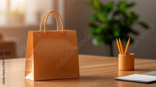 Paper bag mockup on a modern desk with home office accessories. Generative AI photo