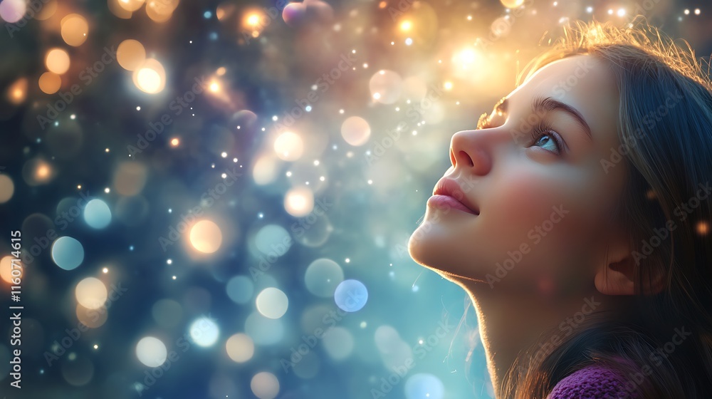 Girl looking up at magical lights. Girl looking up at magical lights.