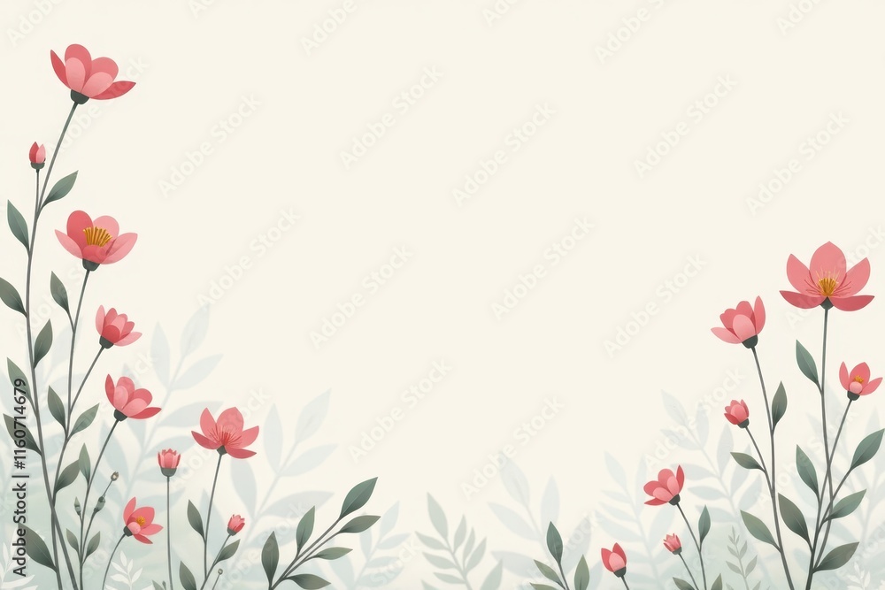 Naklejka premium Elegant Floral Frame with Delicate Pink Blossoms and Soft Greenery on a Cream Background, Perfect for Wedding Invitations, Greeting Cards, or Feminine Designs