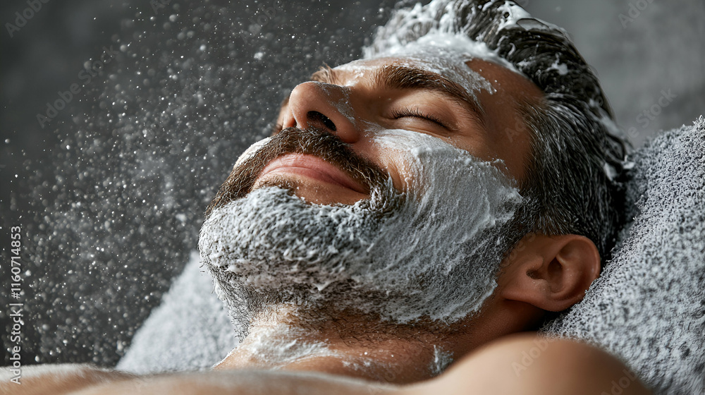 Fototapeta premium Man's Face Covered in Shaving Cream, Relaxed during a Treatment