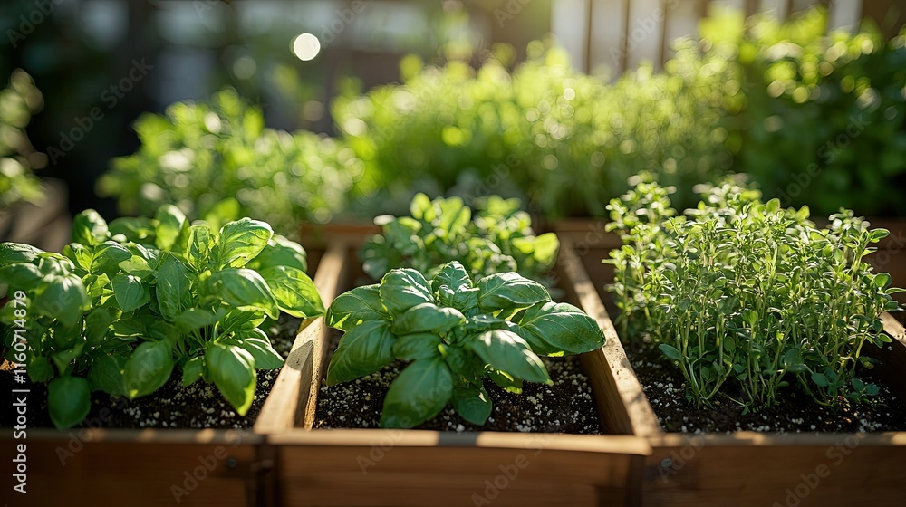 Fototapeta premium Sunlight Drenched Herb Garden: Basil, Thyme, and More