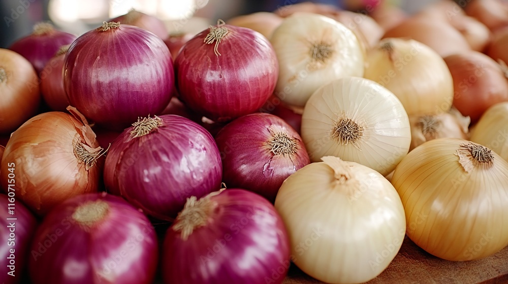 A display of fresh red and white onions. A display of fresh red and white onions.