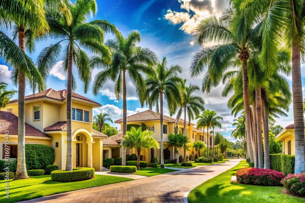 Luxury South Florida gated homes, palm trees, AI-generated. Luxury South Florida gated homes, palm trees, AI-generated.