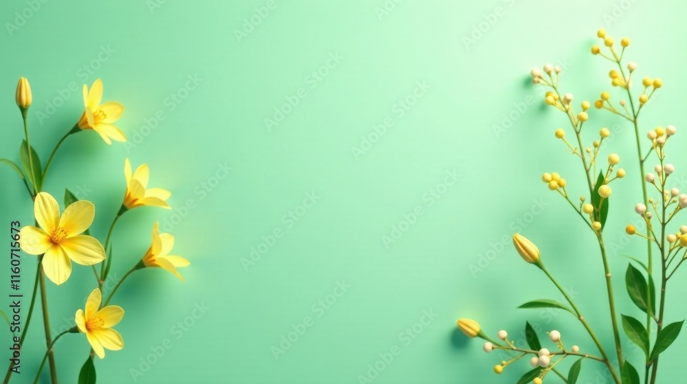Serene Pastel Green Background with Delicate Yellow Blooms and Buds Arranged Symmetrically Serene Pastel Green Background with Delicate Yellow Blooms and Buds Arranged Symmetrically