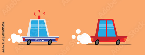 Funny Police Chasing a Car Flat Style. Safety on the road, criminal activity and dangerous driving concept vector