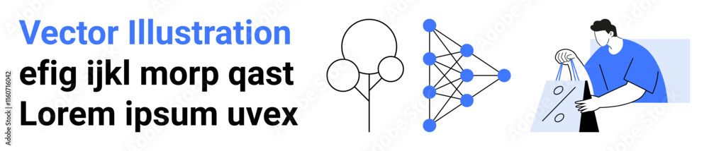 Abstract icons, network diagram with nodes, person holding package, sample text. Ideal for web design, branding, tech presentations, e-commerce, education graphic design promotional materials Abstract icons, network diagram with nodes, person holding package, sample text. Ideal for web design, branding, tech presentations, e-commerce, education graphic design promotional materials