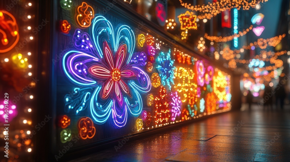 Illuminating nightlife city center neon sign displays urban environment street-level vibrant colors Illuminating nightlife city center neon sign displays urban environment street-level vibrant colors