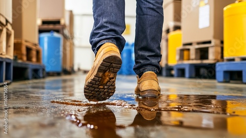 Male worker in a warehouse accidentally stepping into a liquid spill on the floor, workplace safety hazards, accident prevention, industrial work environment, occupational risk awareness photo