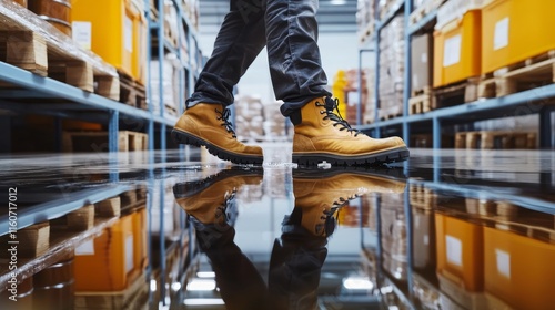 Male worker in a warehouse accidentally stepping into a liquid spill on the floor, workplace safety hazards, accident prevention, industrial work environment, occupational risk awareness photo