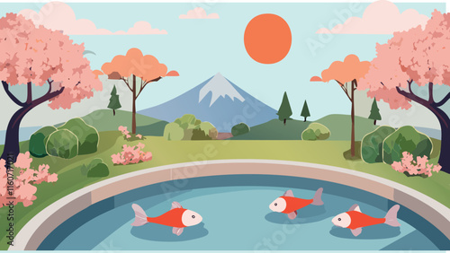 Scene of Japanese garden background, with koi fish. Simple style wallpaper with landscape of mountains, trees, sun.