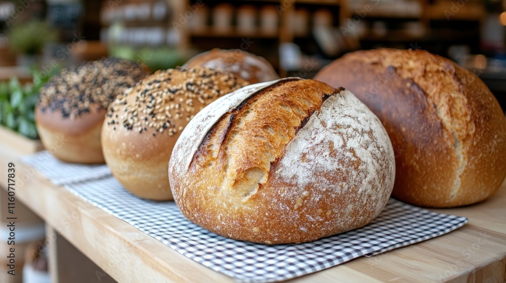 Variety of artisanal breads displayed on a wooden counter. Variety of artisanal breads displayed on a wooden counter.