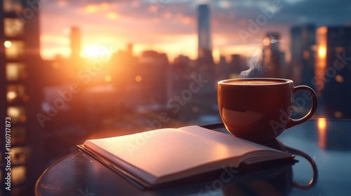 Morning coffee and open book with a city skyline view. Generative AI photo