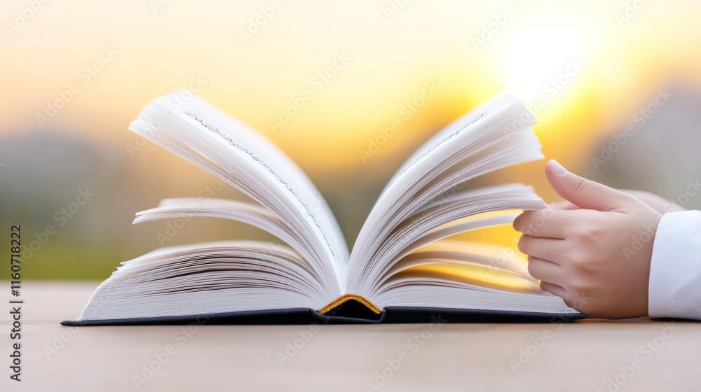 Fototapeta premium An open book held in hand against a sunset background.