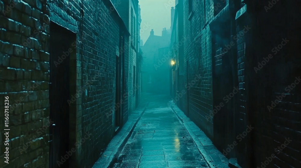 Obraz premium Gritty and dark urban alley at night framed by derelict buildings, rain-soaked pavement, and an eerie mist evoking ominous tension, danger, and mystery in the inner city streets