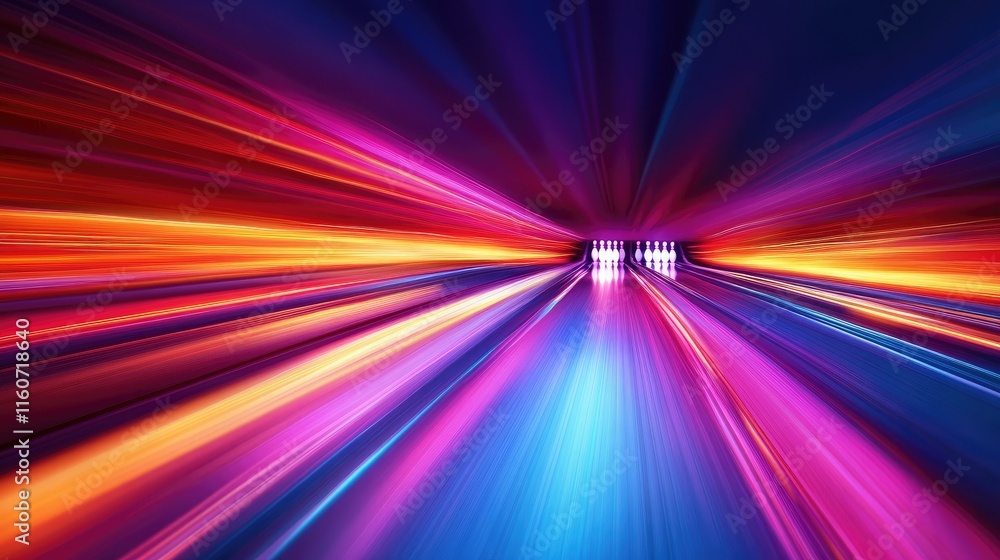Abstract Bowling Alley: A vibrant, dynamic depiction of a bowling ball's trajectory down the lane, captured with a motion blur effect, showcasing streaks of radiant color and energy. Abstract Bowling Alley: A vibrant, dynamic depiction of a bowling ball's trajectory down the lane, captured with a motion blur effect, showcasing streaks of radiant color and energy.